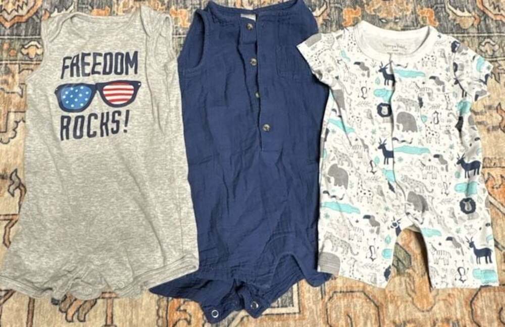 3 Rompers: Carter's Freedom Rocks, Carter's Gauze Henley, H&V Zoo Print